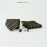 Brown And Lime Green Striped |Tie Gift Set – 3pc Premium Silk Necktie, Pocket Square & Cufflinks TS-1154