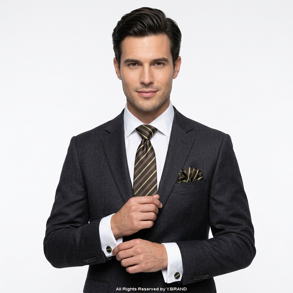 TS-1154c Brown And Lime Green Striped |Tie Gift Set – 3pc Premium Silk Necktie, Pocket Square & Cufflinks TS-1154 - Image 1