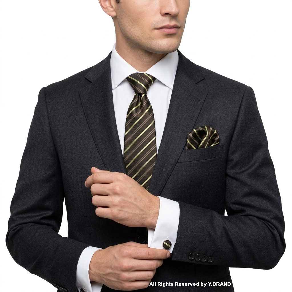 TS-1154c Brown And Lime Green Striped |Tie Gift Set – 3pc Premium Silk Necktie, Pocket Square & Cufflinks TS-1154 - Image 1