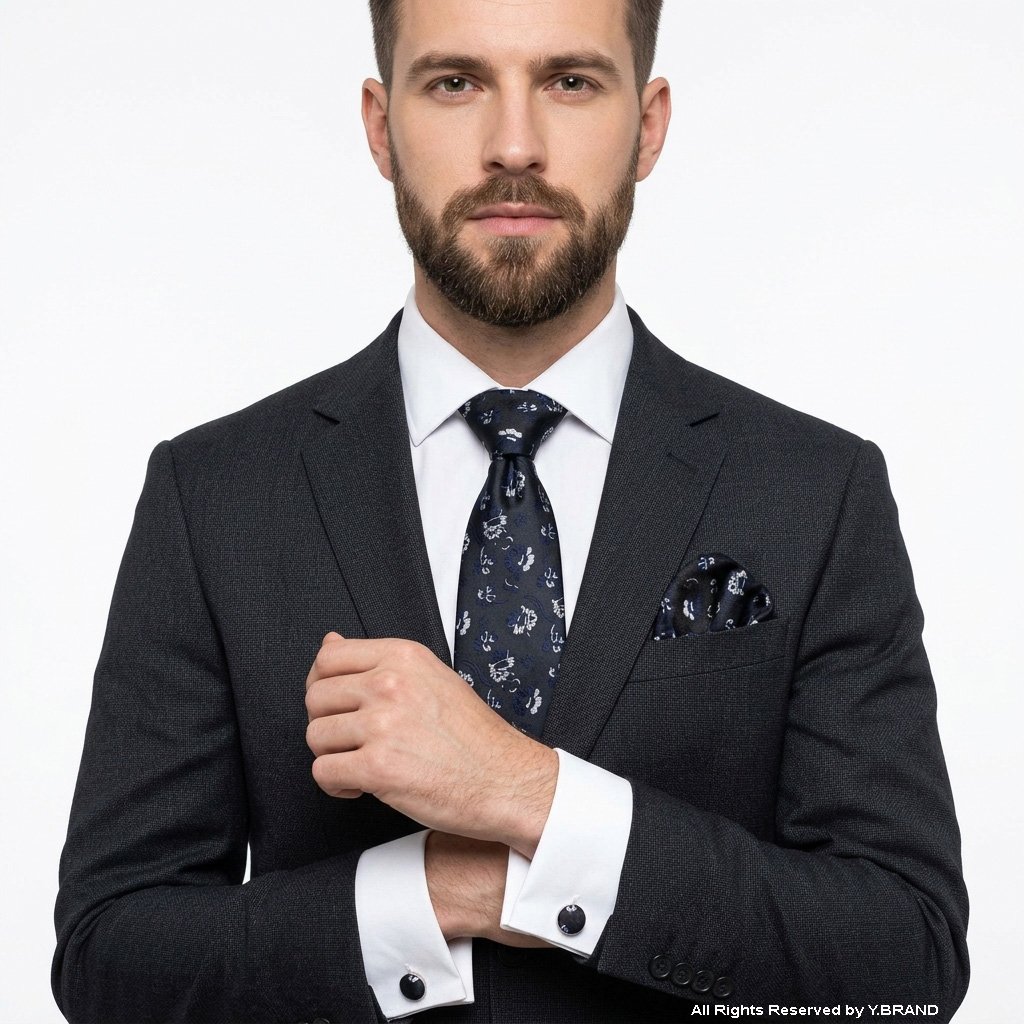 TS-1166c Navy Signature Silk Floral Design |Tie Gift Set – 3pc Premium Silk Necktie, Pocket Square & Cufflinks TS-1166 - Image 1