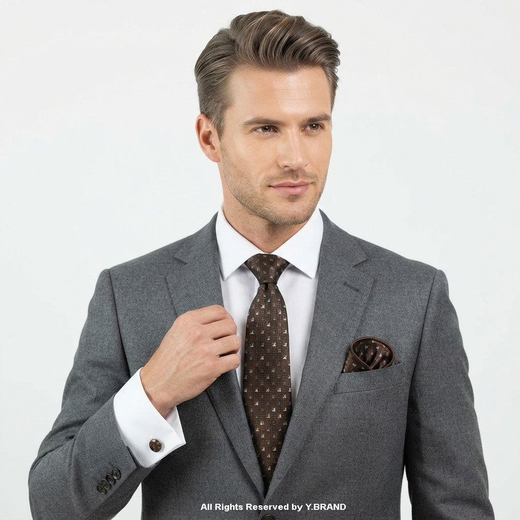 TS-1168c Brown Patterned Silk |Tie Gift Set – 3pc Premium Silk Necktie, Pocket Square & Cufflinks TS-1168 - Image 1