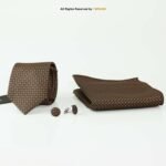 Brown And Geometric Patterned |Tie Gift Set – 3pc Premium Silk Necktie, Pocket Square & Cufflinks TS-1169 - Image 2