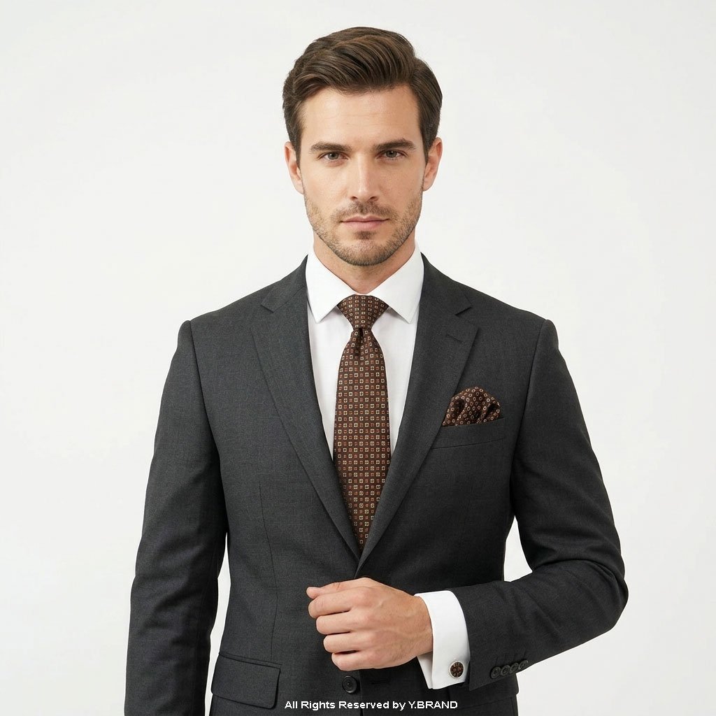 TS-1169c Brown And Geometric Patterned |Tie Gift Set – 3pc Premium Silk Necktie, Pocket Square & Cufflinks TS-1169 - Image 1