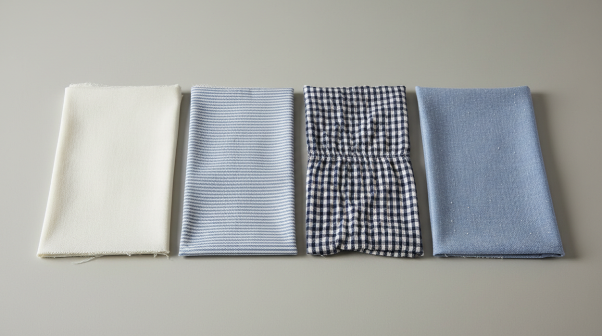 Best Shirt Fabrics for Men in Pakistan: A Guide for Hot Weather 2 Close-up of different cotton shirt fabric swatches including poplin, Oxford, seersucker, and chambray