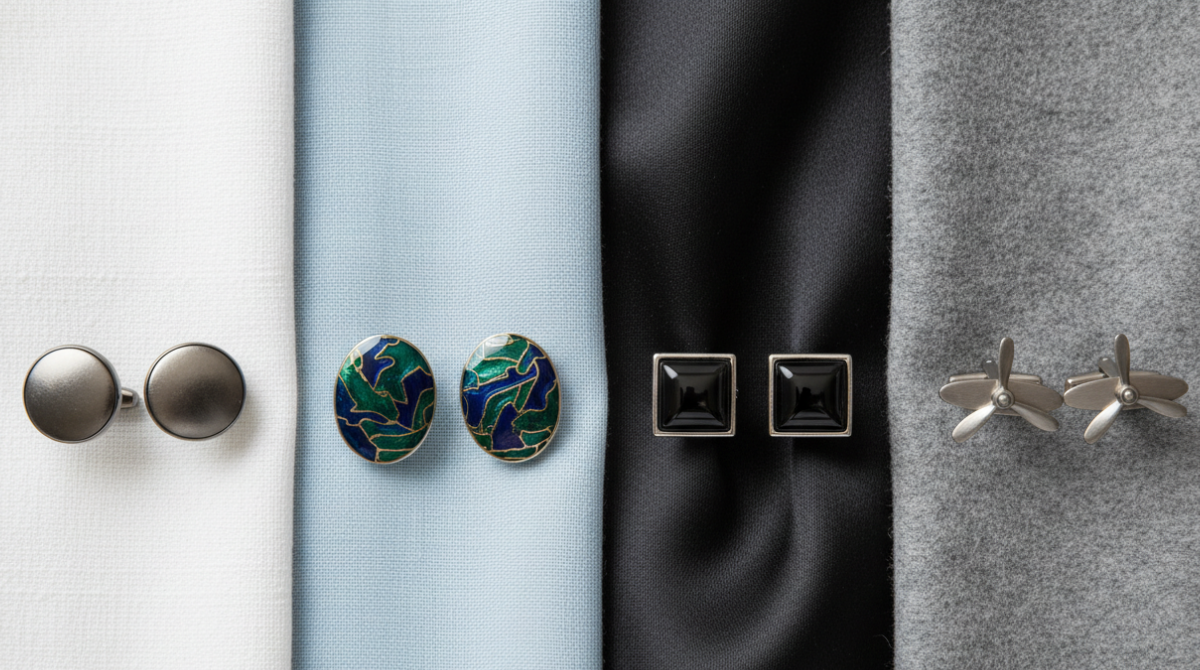 How to Match Cufflinks with a Shirt and Tie? A Men’s Style Guide 3 Four cufflink styles arranged by formality from business to black tie