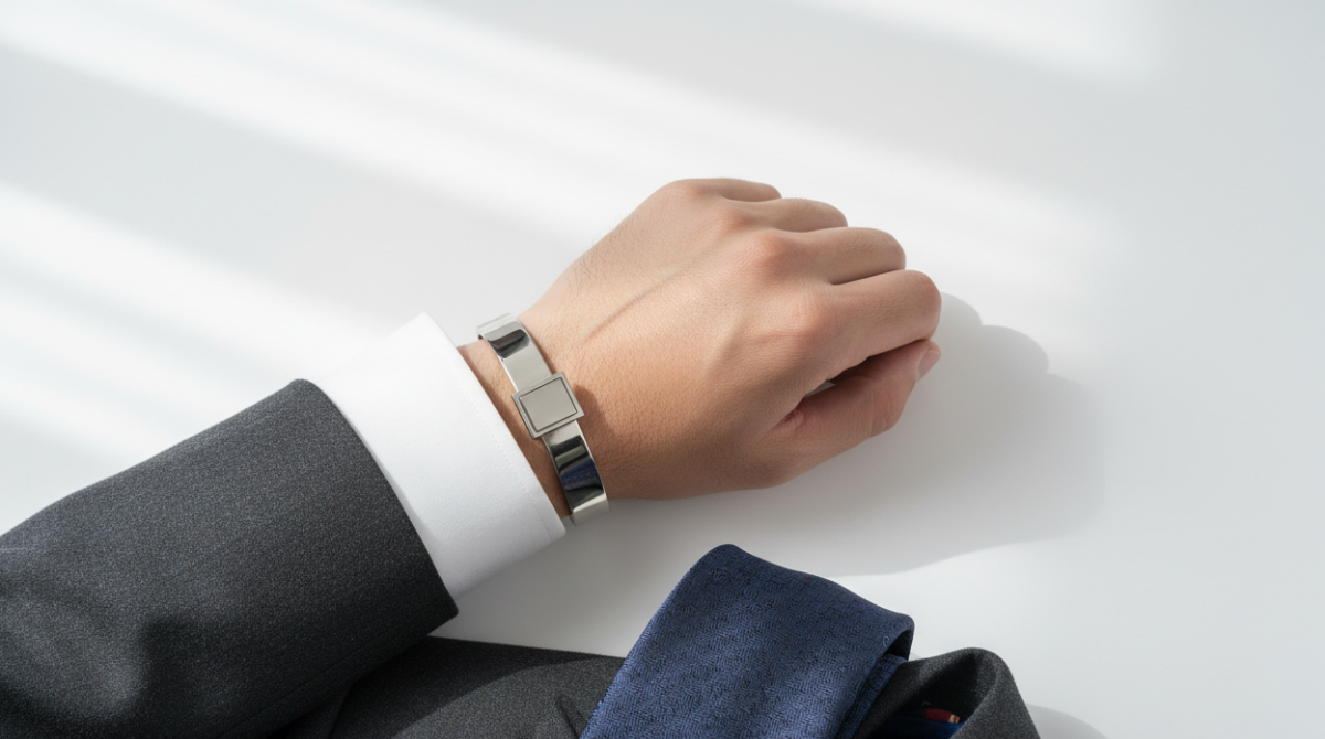 Silver cufflinks on white French cuff with navy tie and dark suit