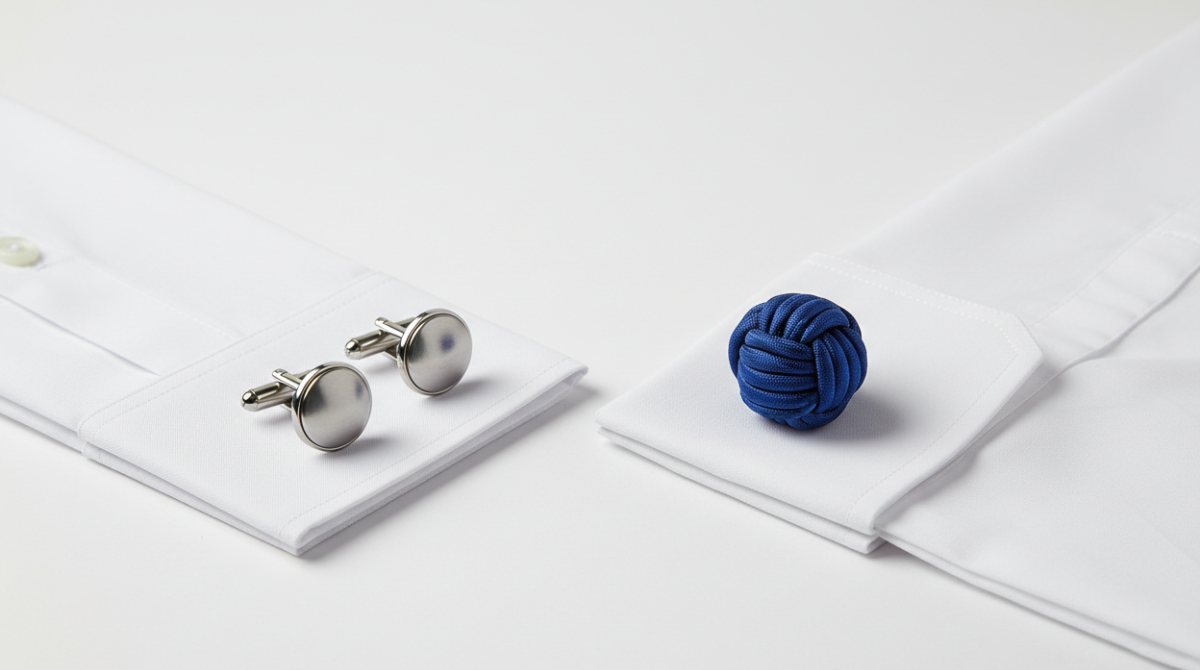 How to Match Cufflinks with a Shirt and Tie? A Men’s Style Guide 2 French cuff with metal cufflinks next to convertible cuff with knot cufflink