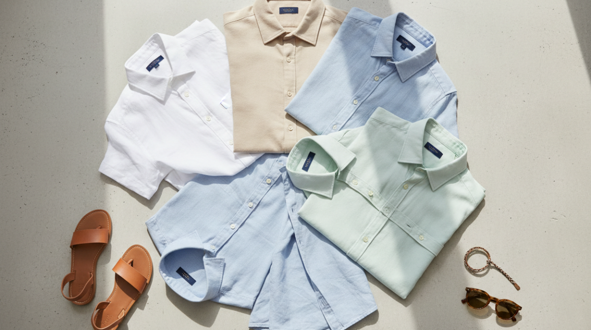 Best Shirt Fabrics for Men in Pakistan: A Guide for Hot Weather 4 Flat lay of men's summer shirts in light colors including white, sky blue, and beige on a clean minimal background