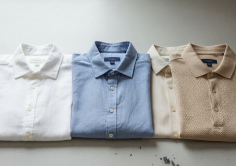 Flat lay of men's summer shirts in breathable fabrics arranged on a neutral background