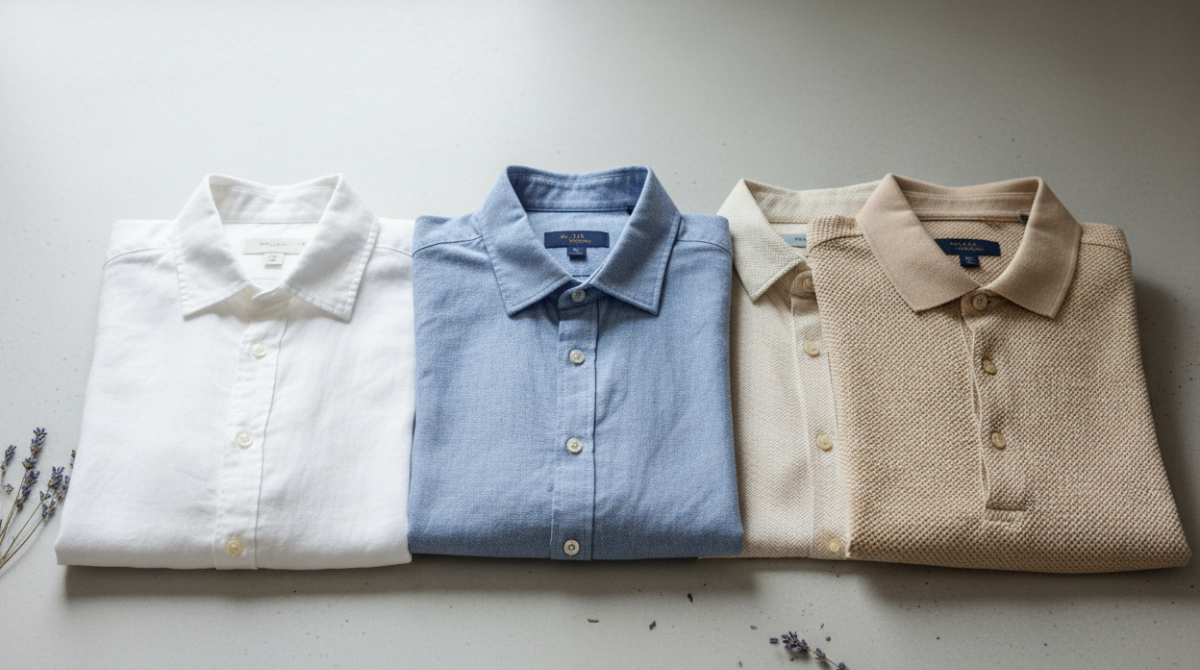 Flat lay of men's summer shirts in breathable fabrics arranged on a neutral background