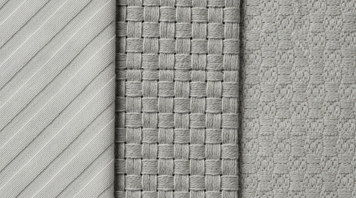 Best Shirt Fabrics for Men in Pakistan: A Guide for Hot Weather 3 Macro close-up comparison of plain weave, basket weave, and dobby weave shirt fabrics under studio lighting