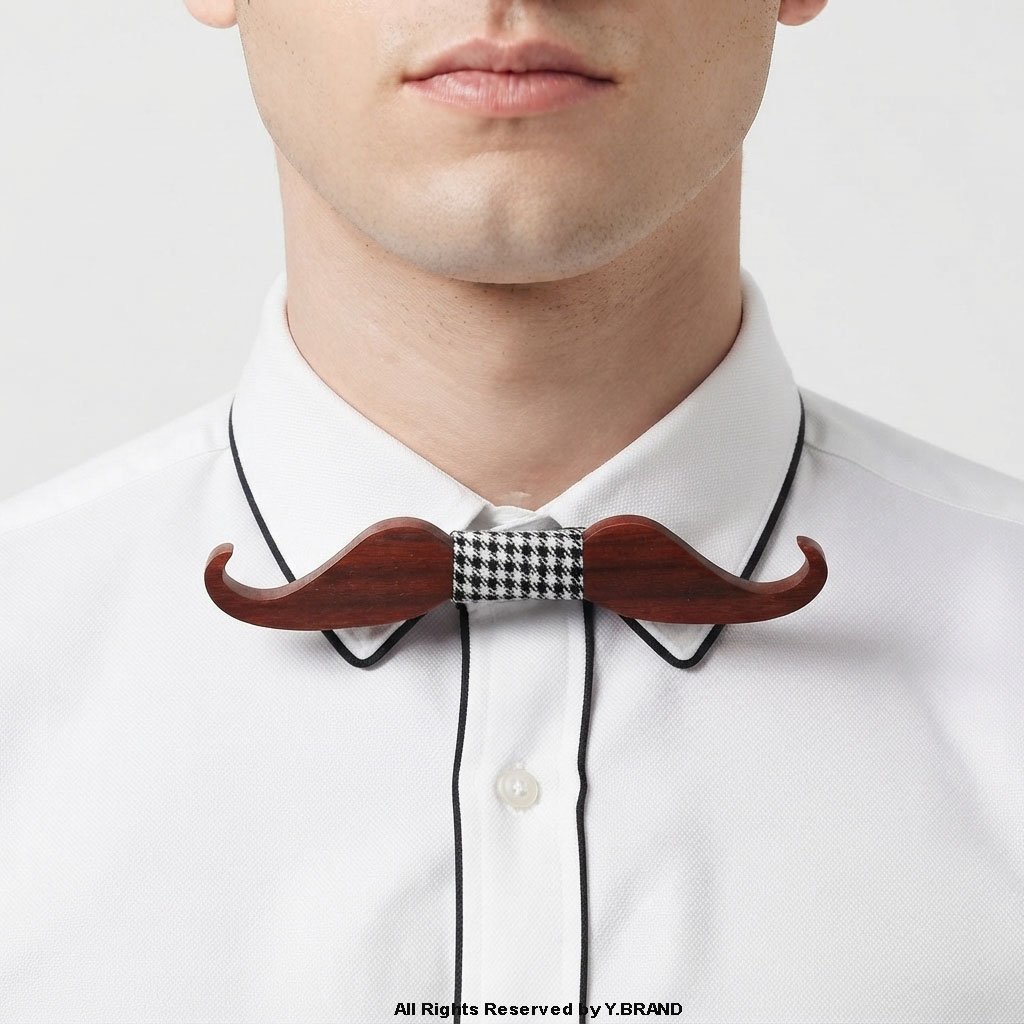 BT-1034b Mustache Shaped Wooden Bow Tie with Houndstooth Knot BT-1034 - Image 1