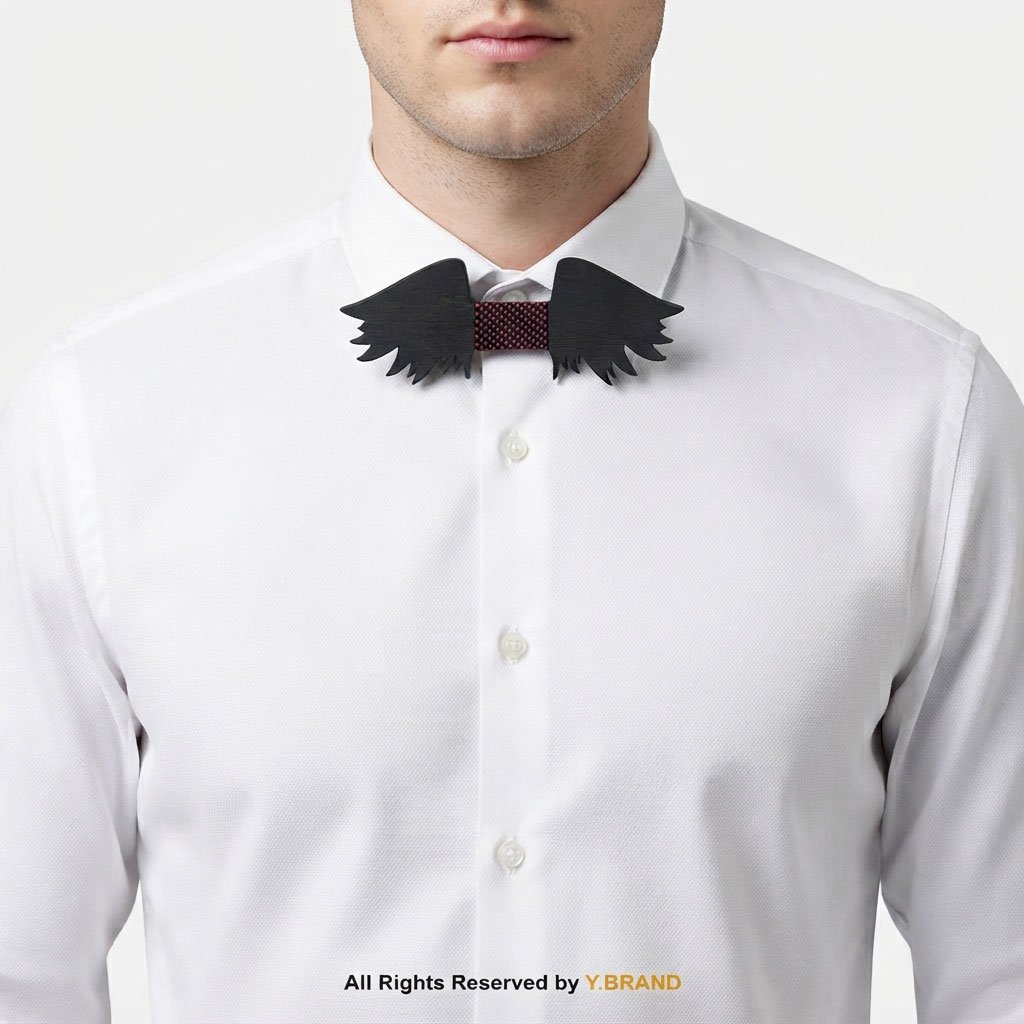 BT-1035b Wing Shaped Black Wooden Bow Tie with Red Grid Knot BT-1035 - Image 1