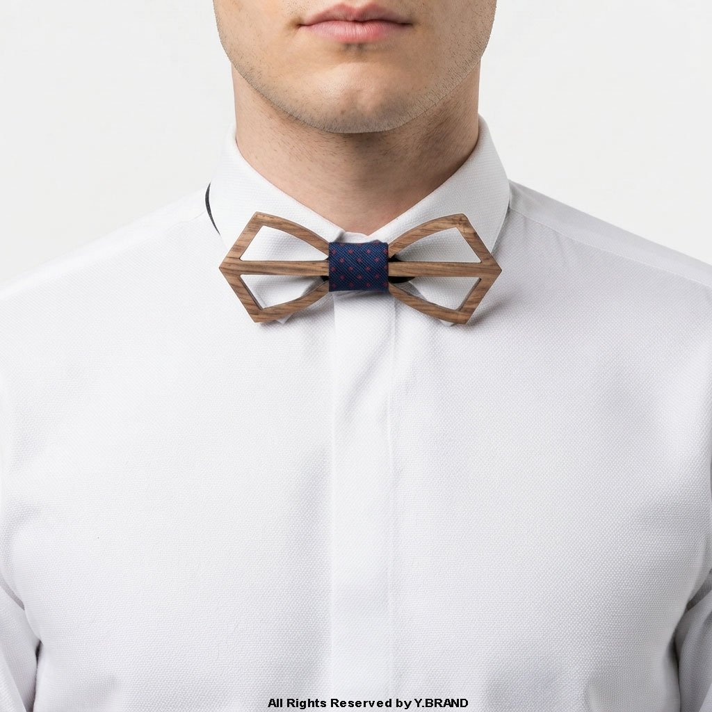 BT-1036b Hollow Diamond Wooden Bow Tie with Blue & Red Polka Dot Knot BT-1036 - Image 1