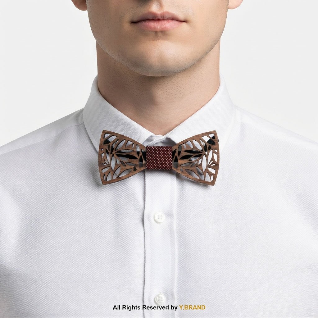 BT-1039b Floral Leaf Cutout Wooden Bow Tie with Red Dot Knot BT-1039 - Image 1
