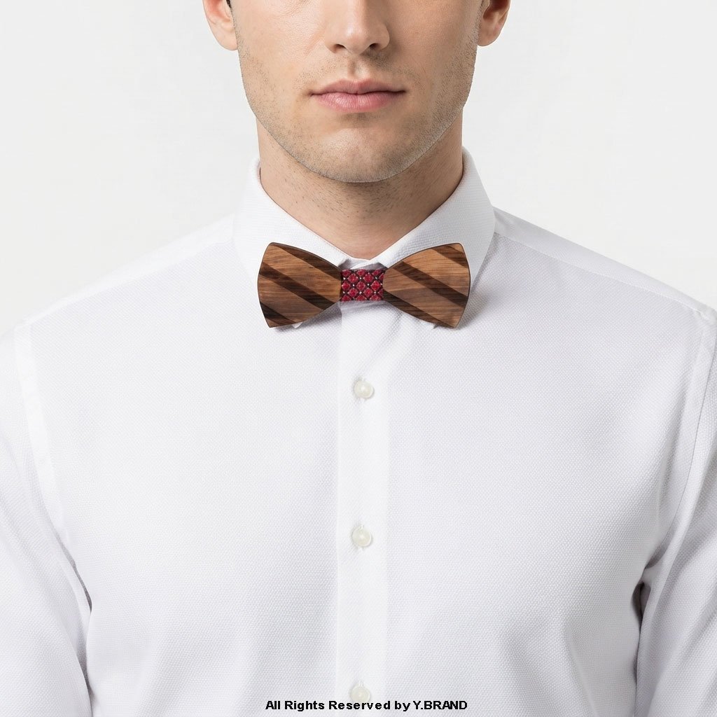 BT-1041b Striped Multi-Tone Wooden Bow Tie with Red Patterned Knot BT-1041 - Image 1
