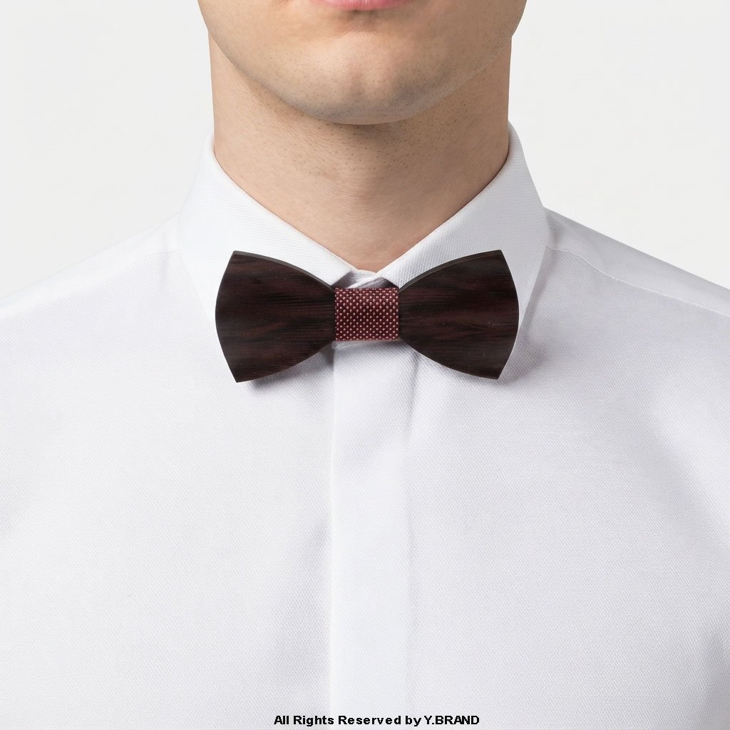 BT-1042b Dark Wooden Bow Tie with Red & Black Grid Knot BT-1042 - Image 1