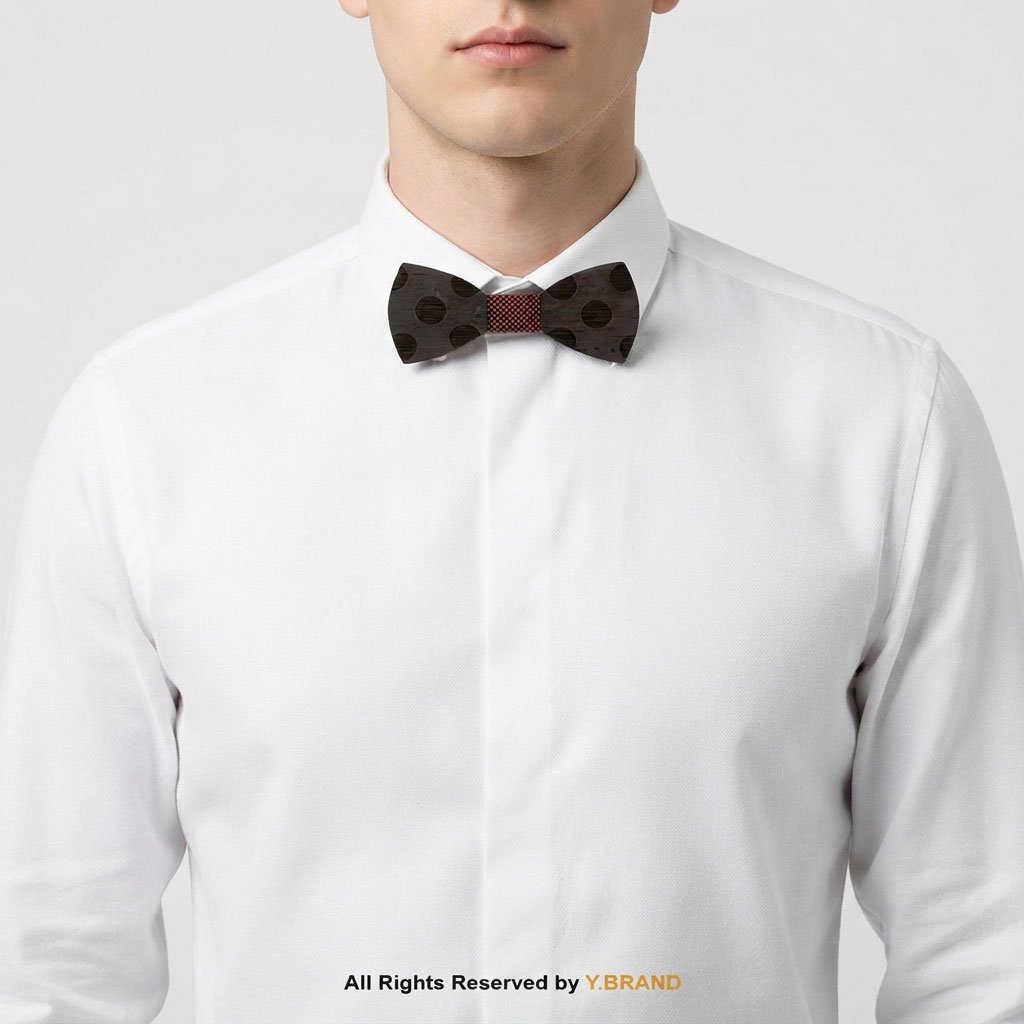 BT-1043b Polka Dot Engraved Dark Wooden Bow Tie with Red Grid Knot BT-1043 - Image 1