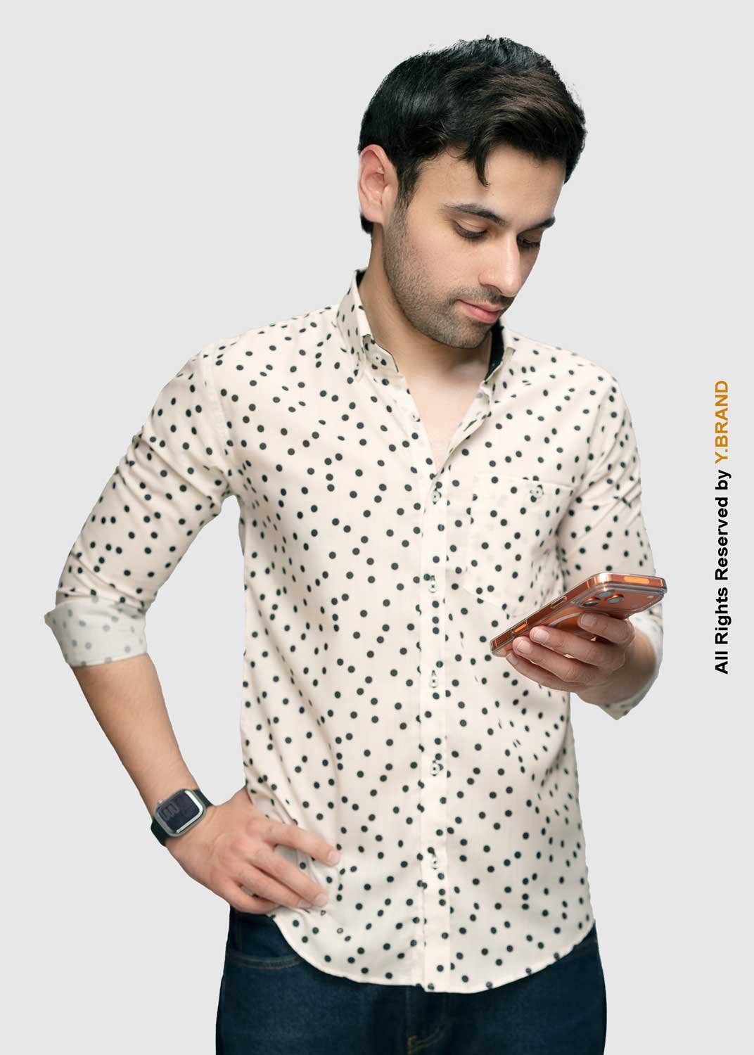 CS-1019 Y-BRAND Off-White & Black Polka Dot Casual shirt with contrast CS-1027 - Image 1