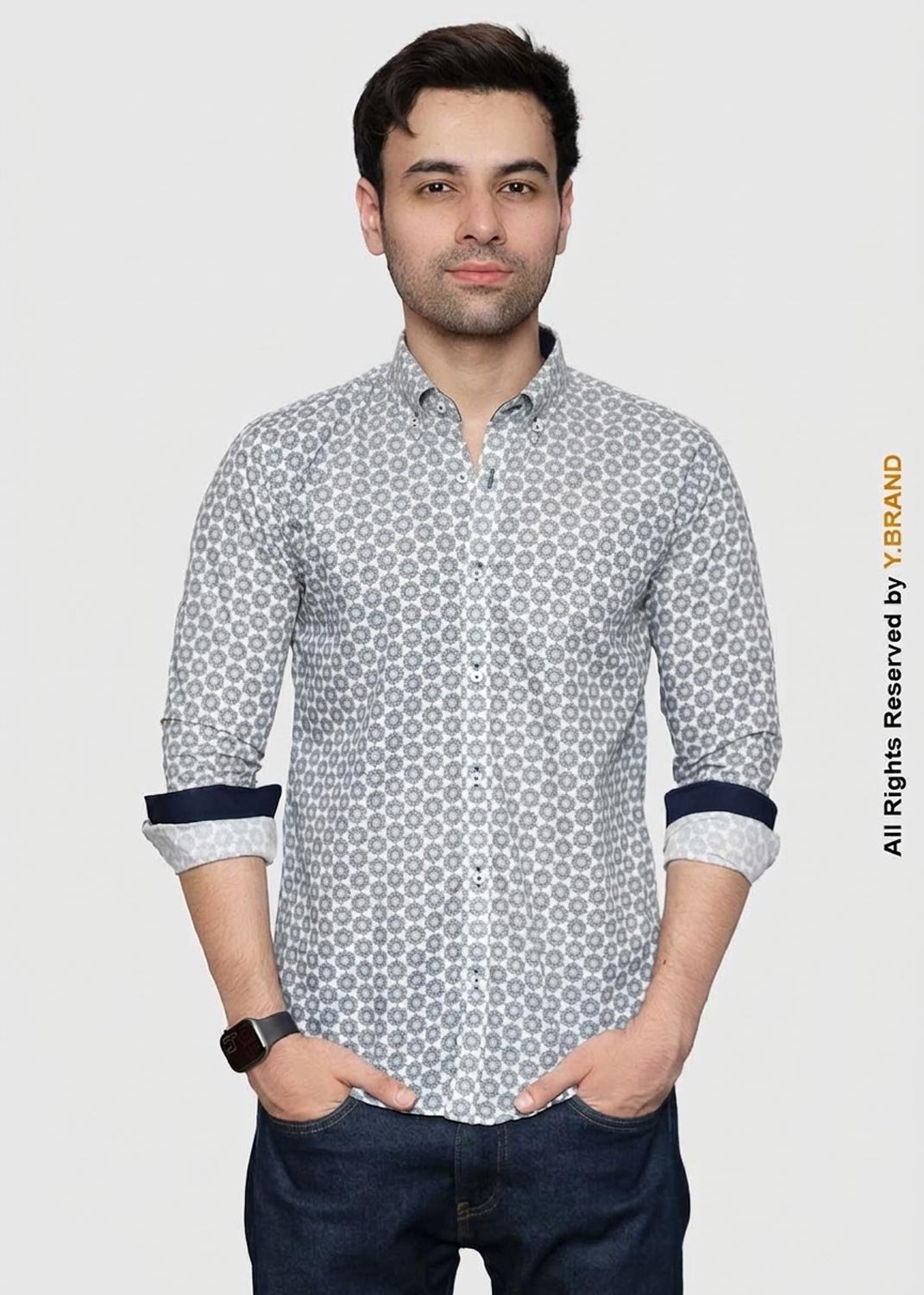 artical-003 Y-BRAND Blue & White Geometric Print Casual shirt with contrast CS-1028 - Image 1