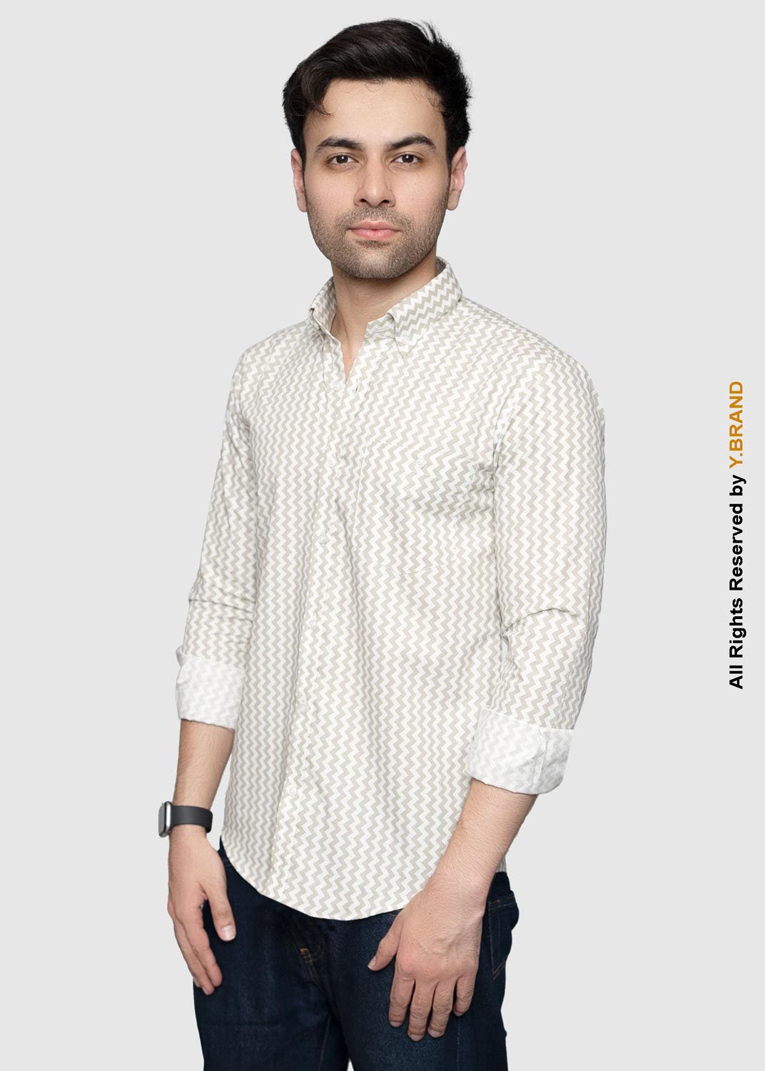 artical-004 Y-BRAND Men’s Grey & Beige Chevron Printed Casual Shirt (CS-1019) - Image 1