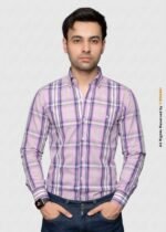 Y-BRAND Men’s Bussines Casual Pink & Navy Plaid Casual Shirt (CS-1020)
