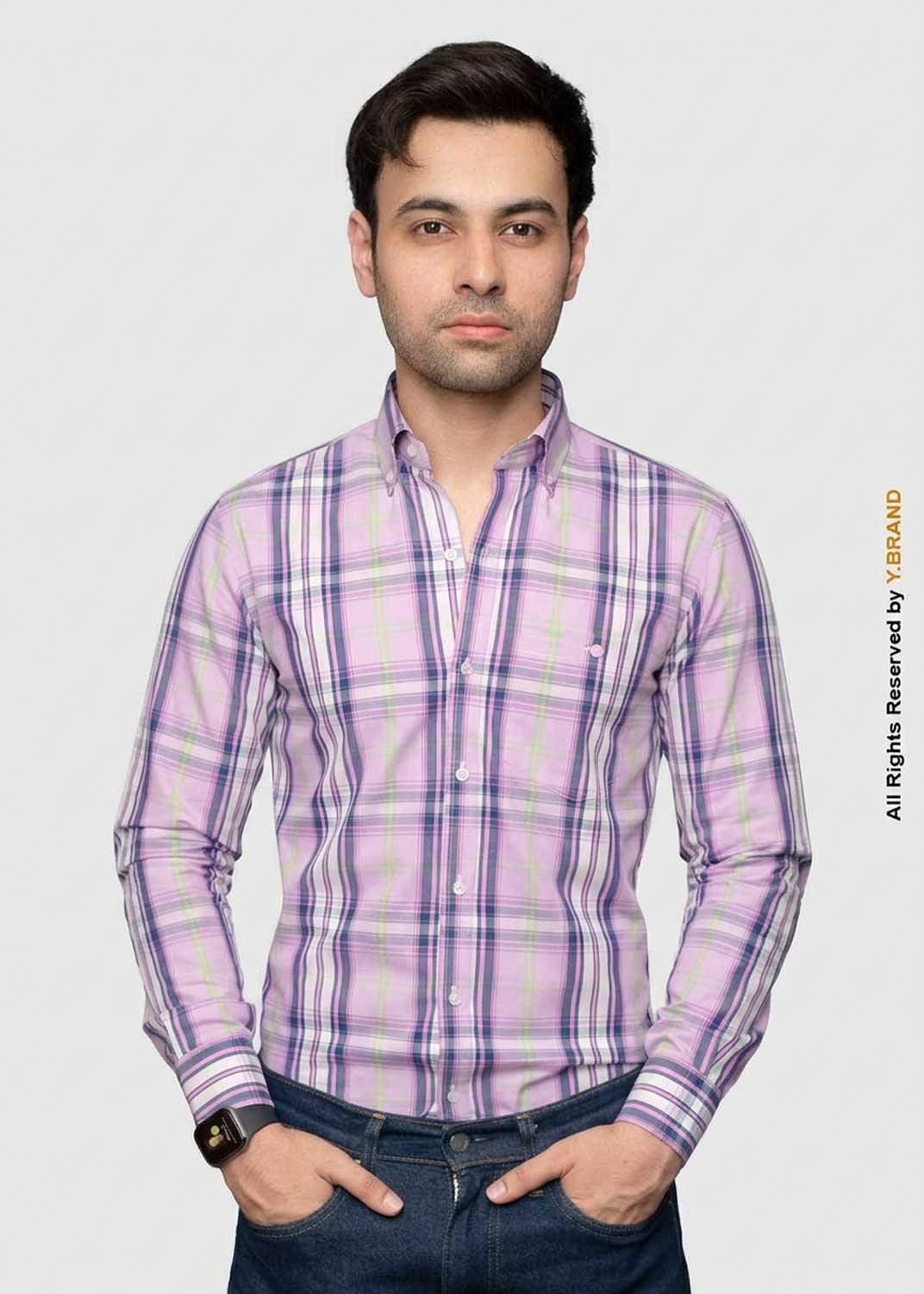 artical-005 Y-BRAND Men’s Bussines Casual Pink & Navy Plaid Casual Shirt (CS-1020) - Image 1