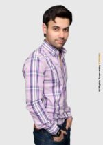 Y-BRAND Men’s Bussines Casual Pink & Navy Plaid Casual Shirt (CS-1020) - Image 2