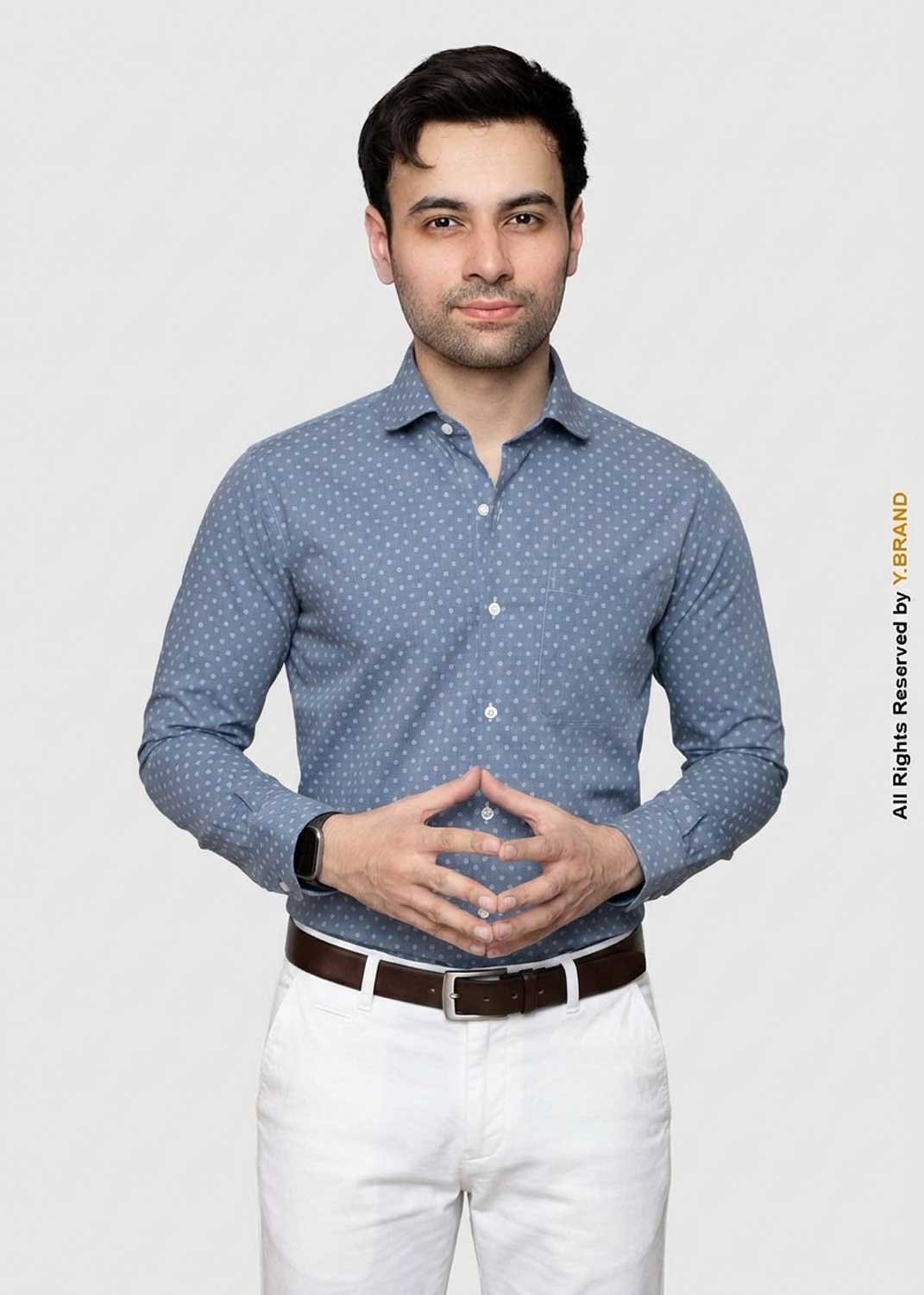 artical-006 Y-BRAND Men’s Bussines Casual Slate Blue Geometric Micro-Printed Shirt (CS-1025) - Image 1