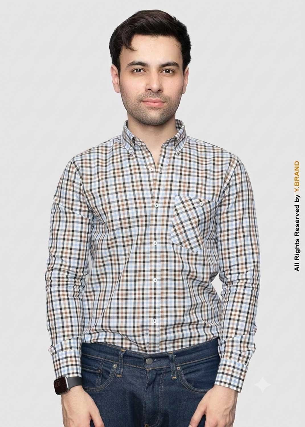 artical-008 Y-BRAND Men’s Light Blue & Brown Checked Casual Shirt (CS-1023) - Image 1