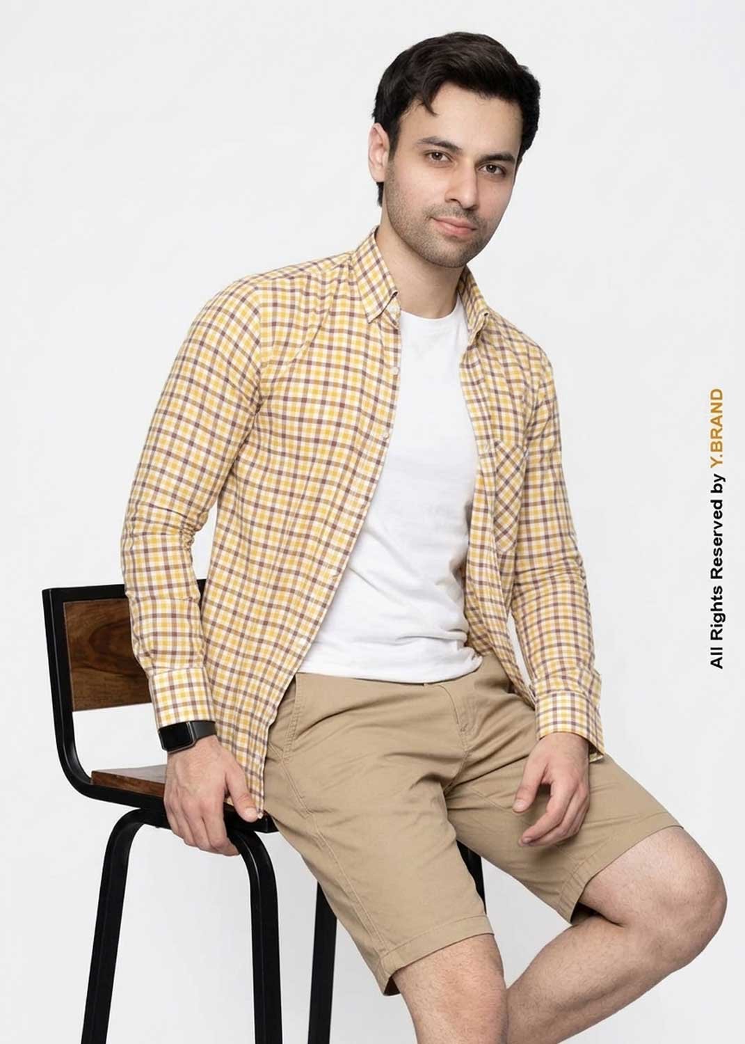 artical-009 Y-BRAND Men’s Mustard Yellow & Brown Gingham Checked Casual Shirt (CS-1021) - Image 1
