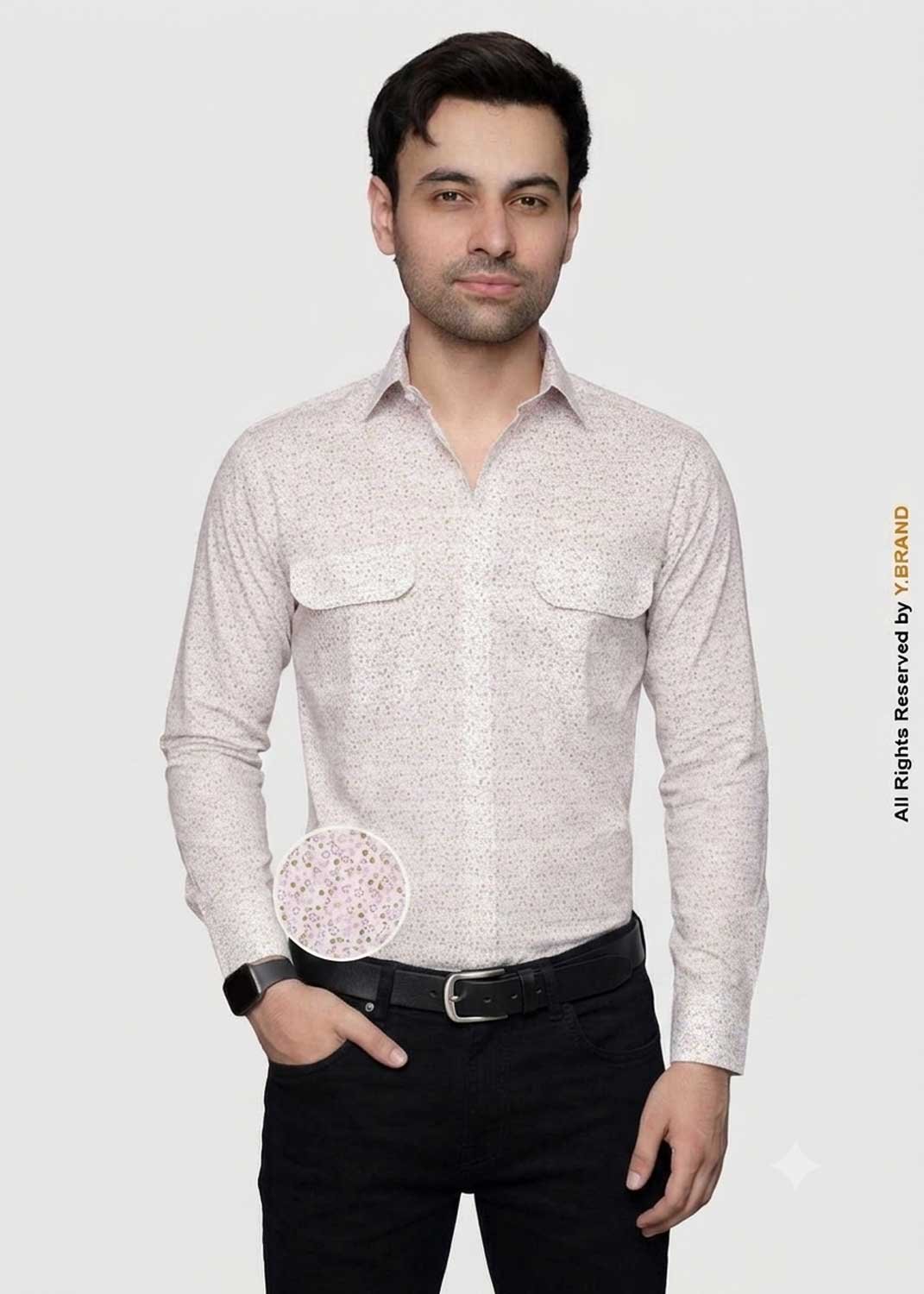 artical-010 Y-BRAND Men's Off-White Micro Floral Print Shirt with Dual Flap Pockets (CS-1026) - Image 1