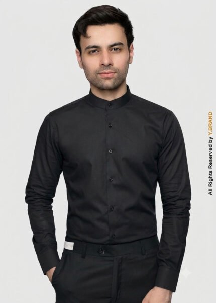 Y-BRAND Men’s Solid Black Mandarin Collar Formal Dress Shirt FS-1081