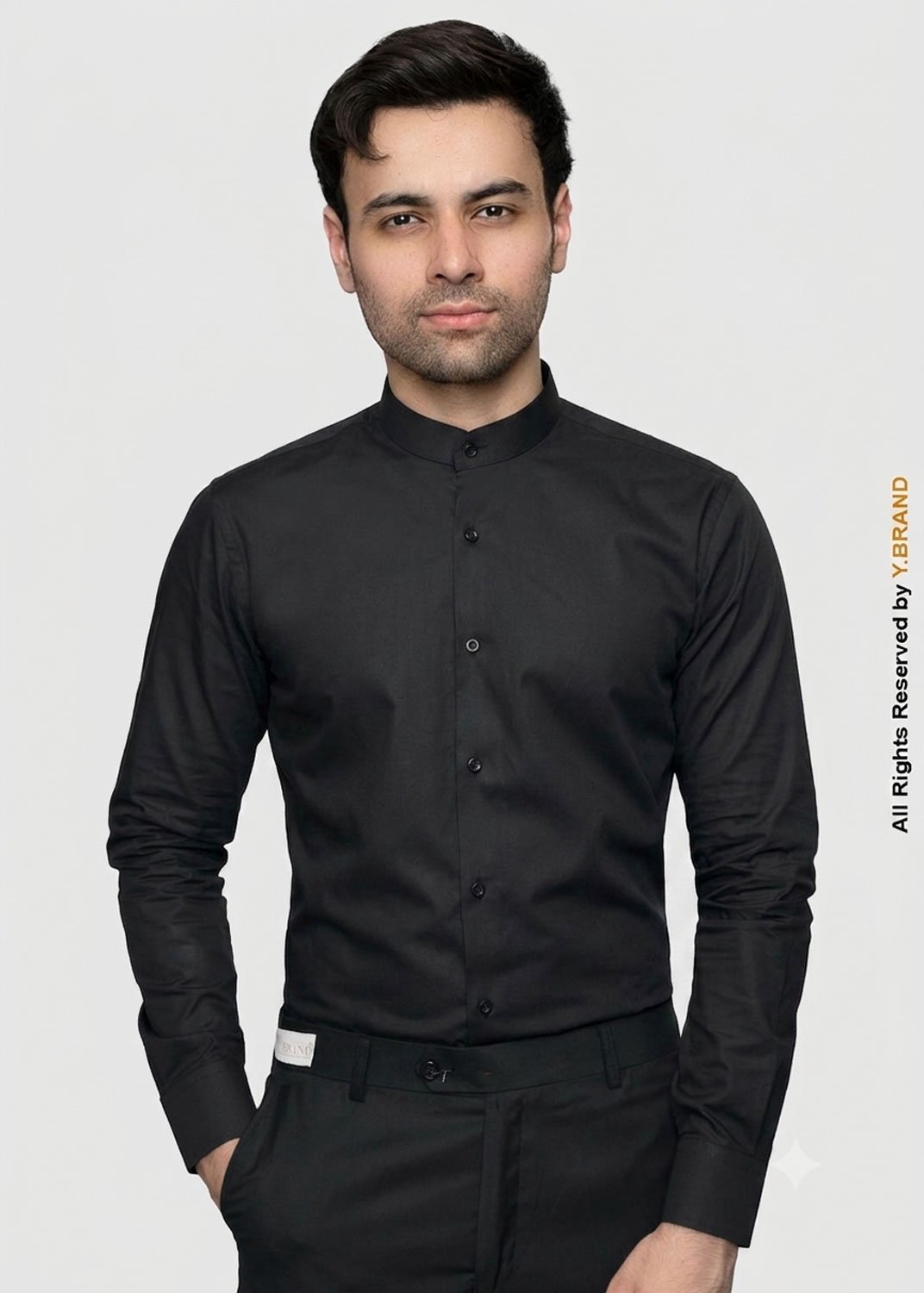 artical-012 Y-BRAND Men’s Solid Black Mandarin Collar Formal Dress Shirt FS-1081 - Image 1