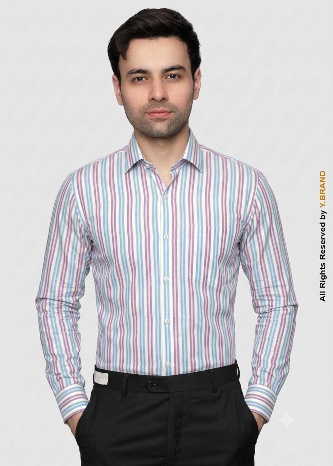 artical-013a Y-BRAND Men’s Multi-Stripe Formal Dress Shirt with Silver Pinstripe FS-1070 - Image 1