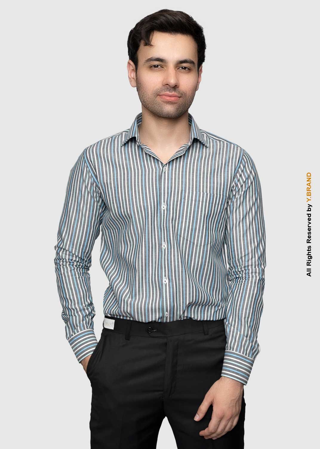 artical-016 Y-BRAND Men’s Charcoal Grey & Sky Blue Vertical Striped Formal Dress Shirt FS-1072 - Image 1