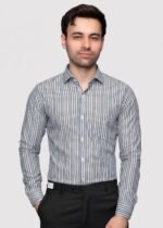 Y-BRAND Men’s Charcoal Grey & Sky Blue Vertical Striped Formal Dress Shirt FS-1072