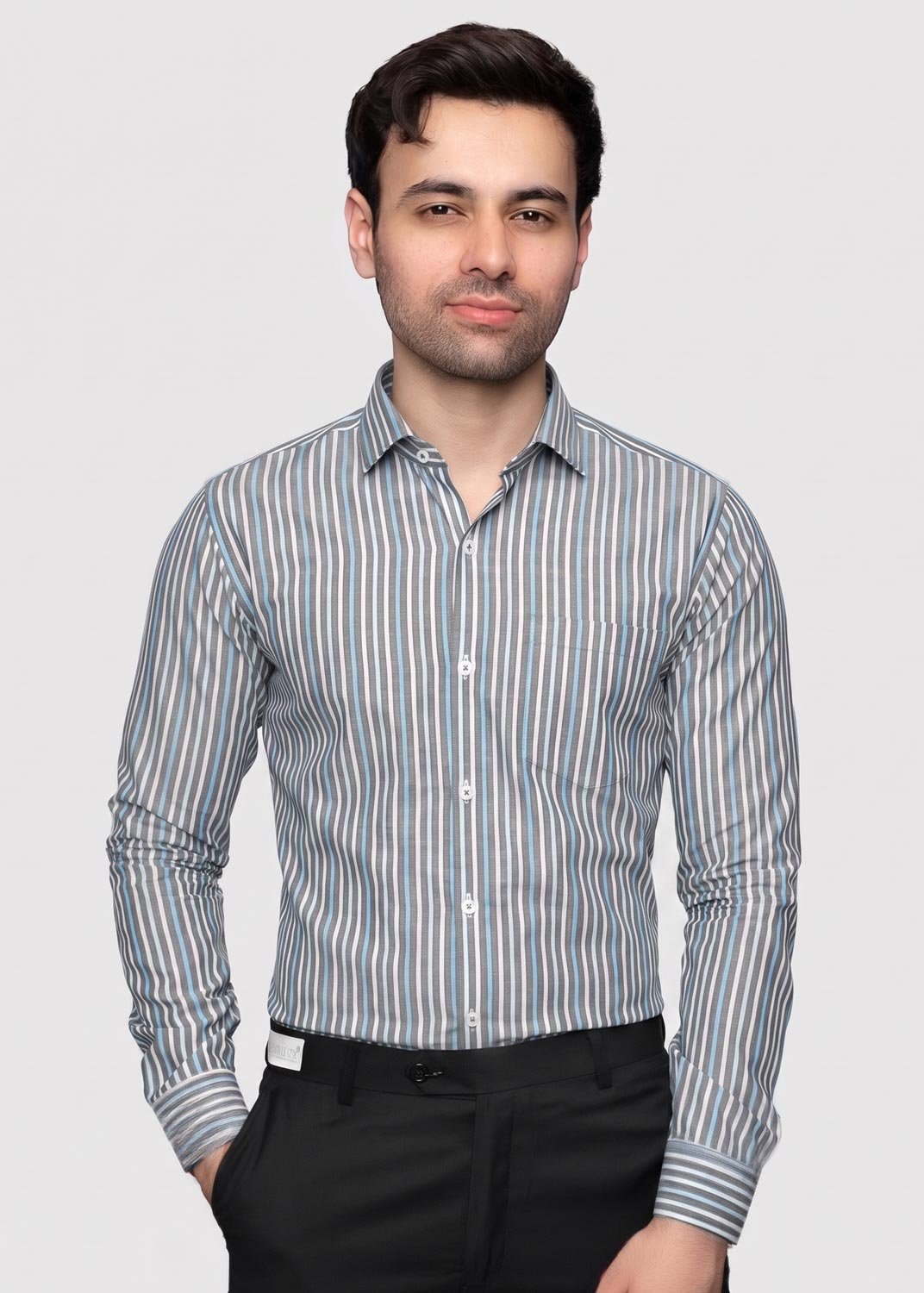 artical-016 Y-BRAND Men’s Charcoal Grey & Sky Blue Vertical Striped Formal Dress Shirt FS-1072 - Image 1