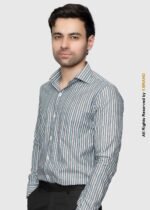 Y-BRAND Men’s Charcoal Grey & Sky Blue Vertical Striped Formal Dress Shirt FS-1072 - Image 2