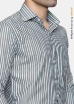 Y-BRAND Men’s Charcoal Grey & Sky Blue Vertical Striped Formal Dress Shirt FS-1072 - Image 3