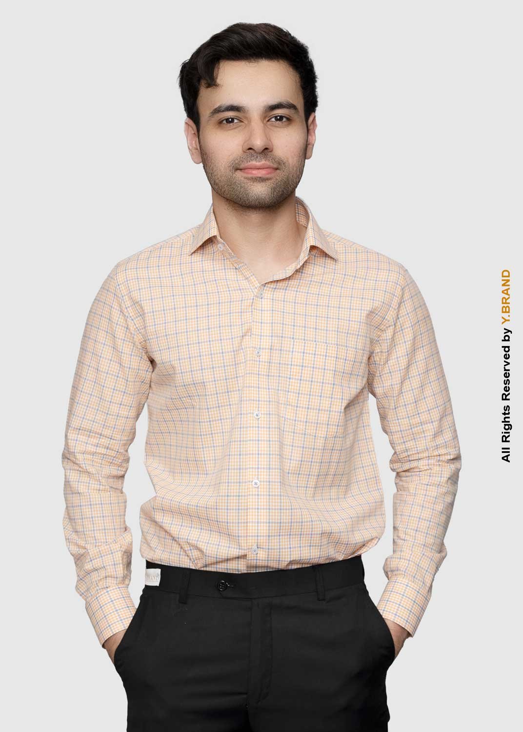 artical-017 Y-BRAND Men’s Peach & Slate Grey Micro-Check Formal Dress Shirt FS-1079 - Image 1