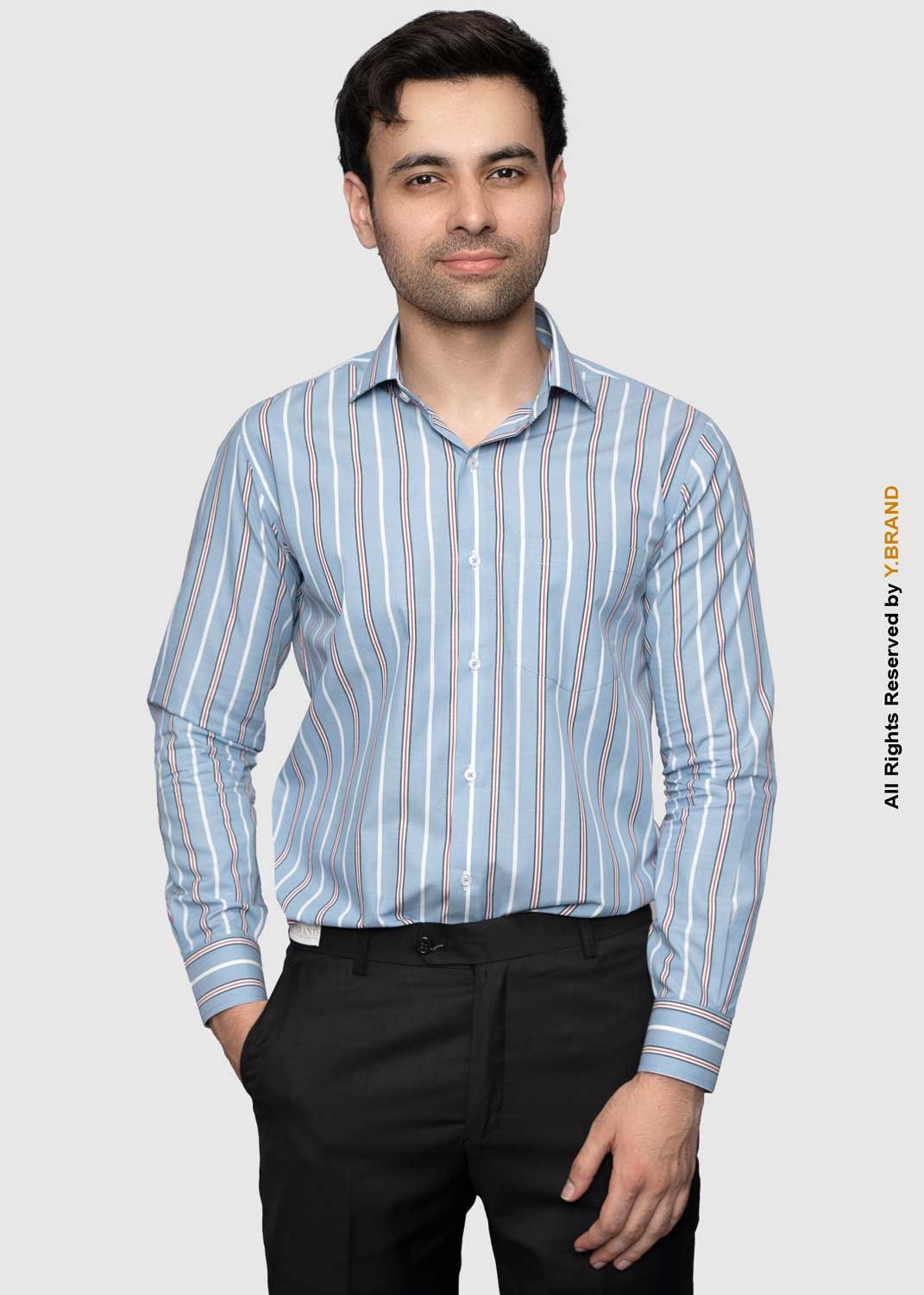 artical-018 Y-BRAND Men’s Sky Blue Vertical Striped with Red Accents Formal Dress Shirt FS-1073 - Image 1