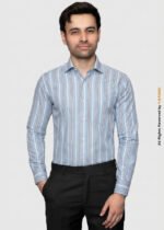 Y-BRAND Men’s Sky Blue Striped with Red Accents Formal Dress Shirt FS-1073