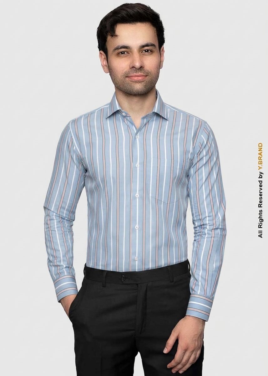 artical-018 Y-BRAND Men’s Sky Blue Striped with Red Accents Formal Dress Shirt FS-1073 - Image 1