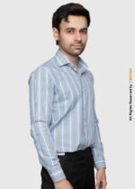 Y-BRAND Men’s Sky Blue Vertical Striped with Red Accents Formal Dress Shirt FS-1073 - Image 2