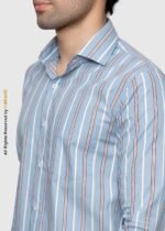 Y-BRAND Men’s Sky Blue Vertical Striped with Red Accents Formal Dress Shirt FS-1073 - Image 3