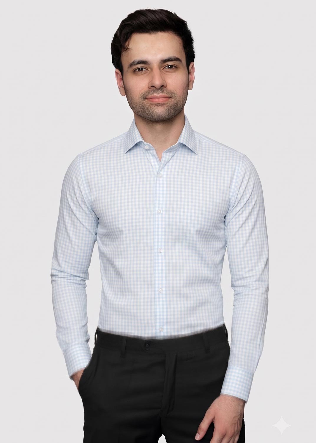 artical-020 Y-BRAND Men’s Light Blue Gingham Check Formal Dress Shirt FS-1074 - Image 1