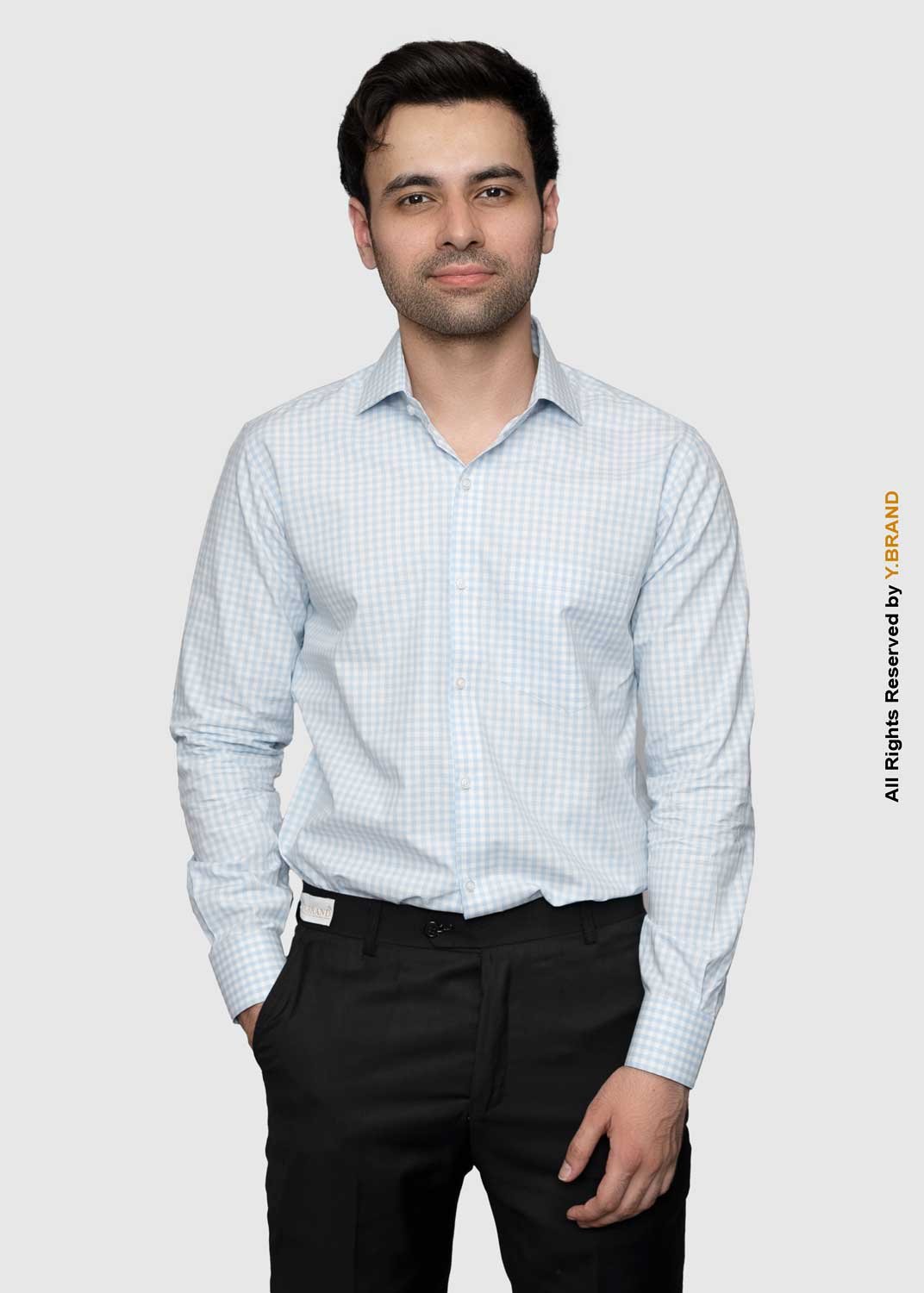artical-020 Y-BRAND Men’s Light Blue Gingham Check Formal Dress Shirt FS-1074 - Image 1