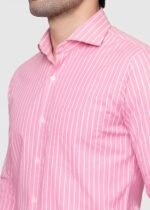 Y-BRAND Men’s Pink & White Vertical Striped Formal Dress Shirt FS-1075 - Image 2