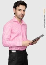 Y-BRAND Men’s Pink & White Vertical Striped Formal Dress Shirt FS-1075 - Image 3